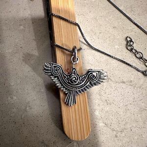 Sterling Silver Tribal Thunderbird Necklace with Black Rhodium Box Chain